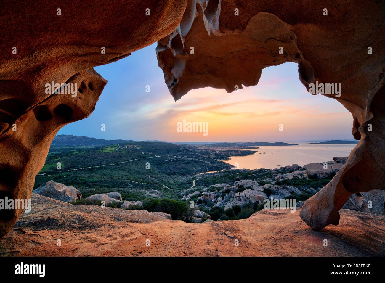 Sardinia Palau rock formation Bear Rock sunset over Palau Capo d`Orso Stock Photo
